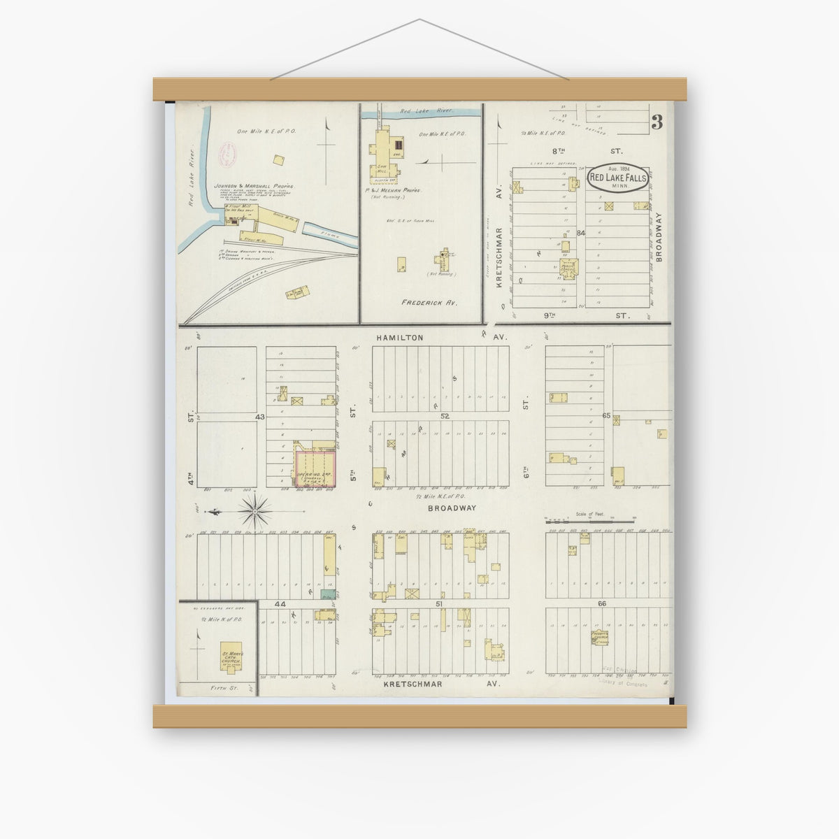 Old map wall art mockup — magnetic wood frame on white wall — Sanborn Fire Insurance Map from Red Lake Falls, Red Lake County, Minnesota (1894), Sheet #0003