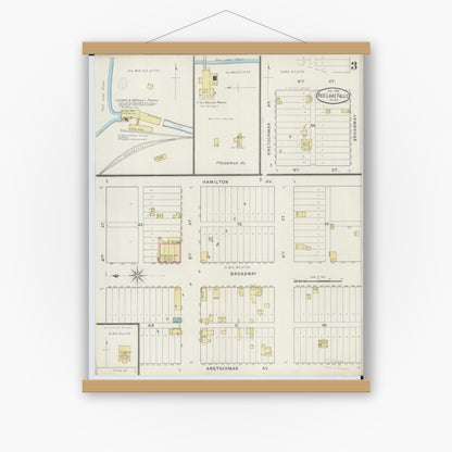Old map wall art mockup — magnetic wood frame on white wall — Sanborn Fire Insurance Map from Red Lake Falls, Red Lake County, Minnesota (1894), Sheet #0003