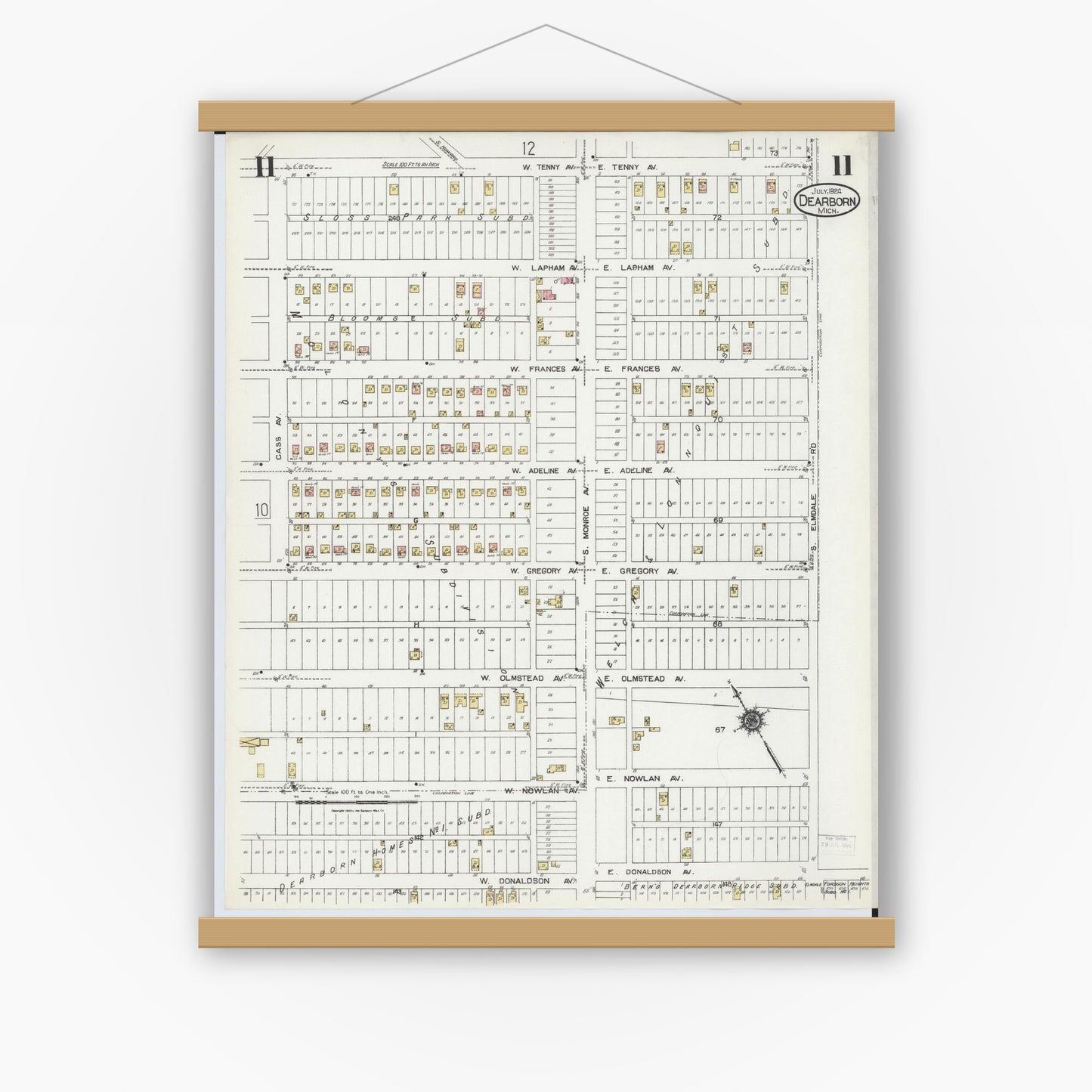 Old map wall art mockup — magnetic wood frame on white wall — Sanborn Fire Insurance Map from Dearborn, Wayne County, Michigan (1924), Sheet #0011