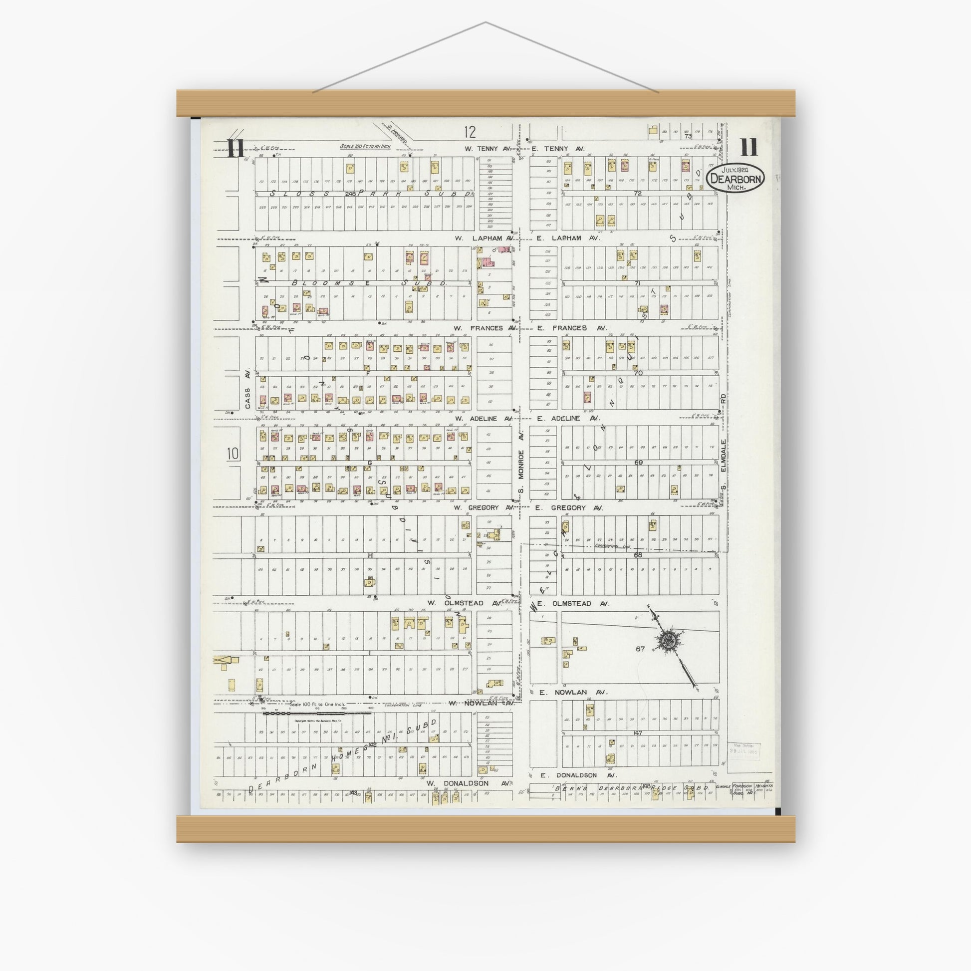 Old map wall art mockup — magnetic wood frame on white wall — Sanborn Fire Insurance Map from Dearborn, Wayne County, Michigan (1924), Sheet #0011