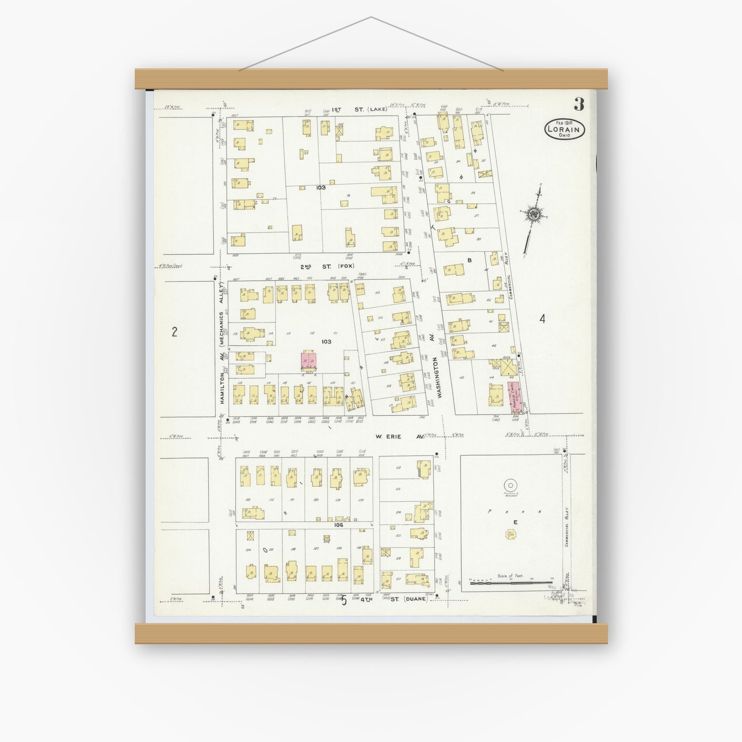 Old map wall art mockup — magnetic wood frame on white wall — Sanborn Fire Insurance Map from Lorain, Lorain County, Ohio (1910), Sheet #0003