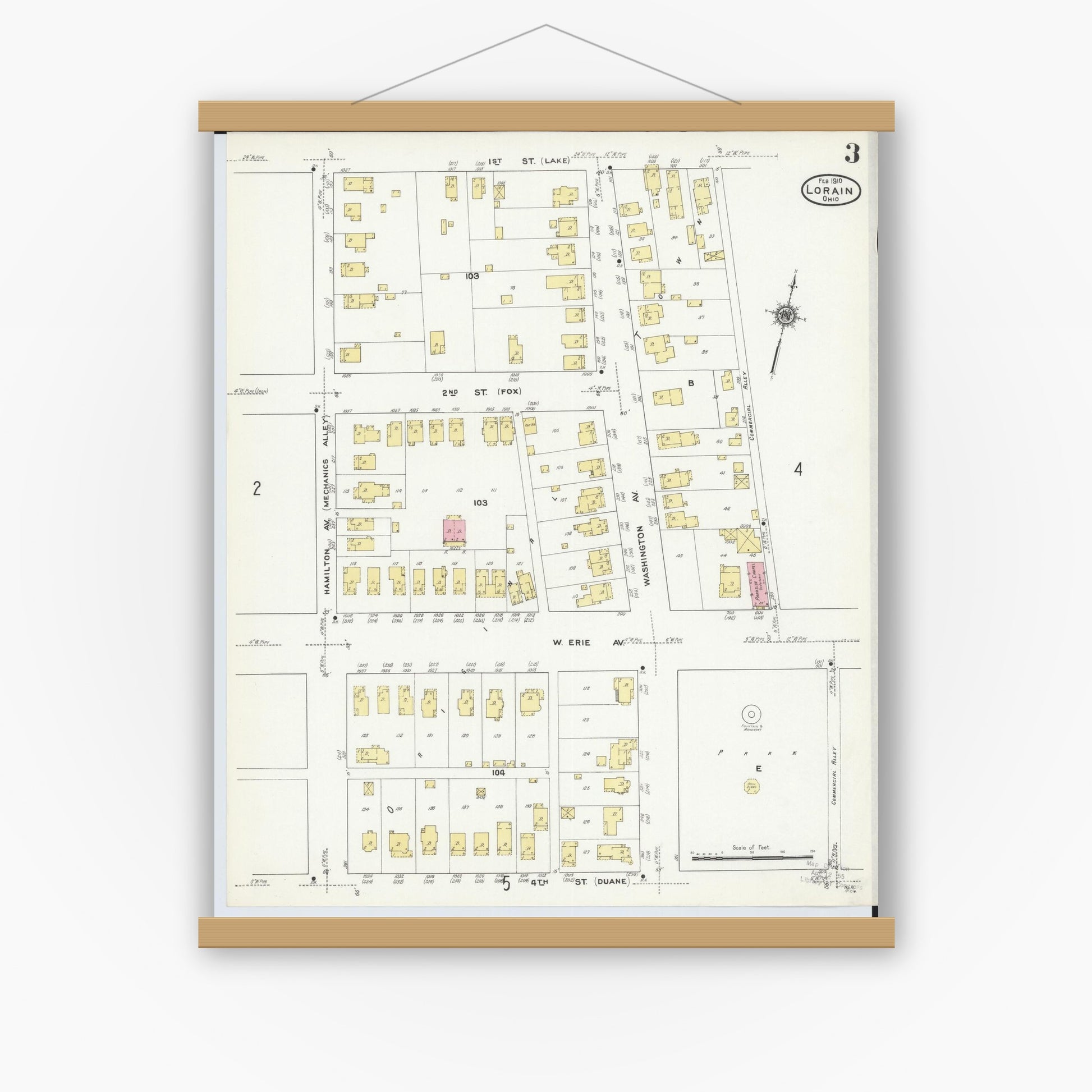 Old map wall art mockup — magnetic wood frame on white wall — Sanborn Fire Insurance Map from Lorain, Lorain County, Ohio (1910), Sheet #0003