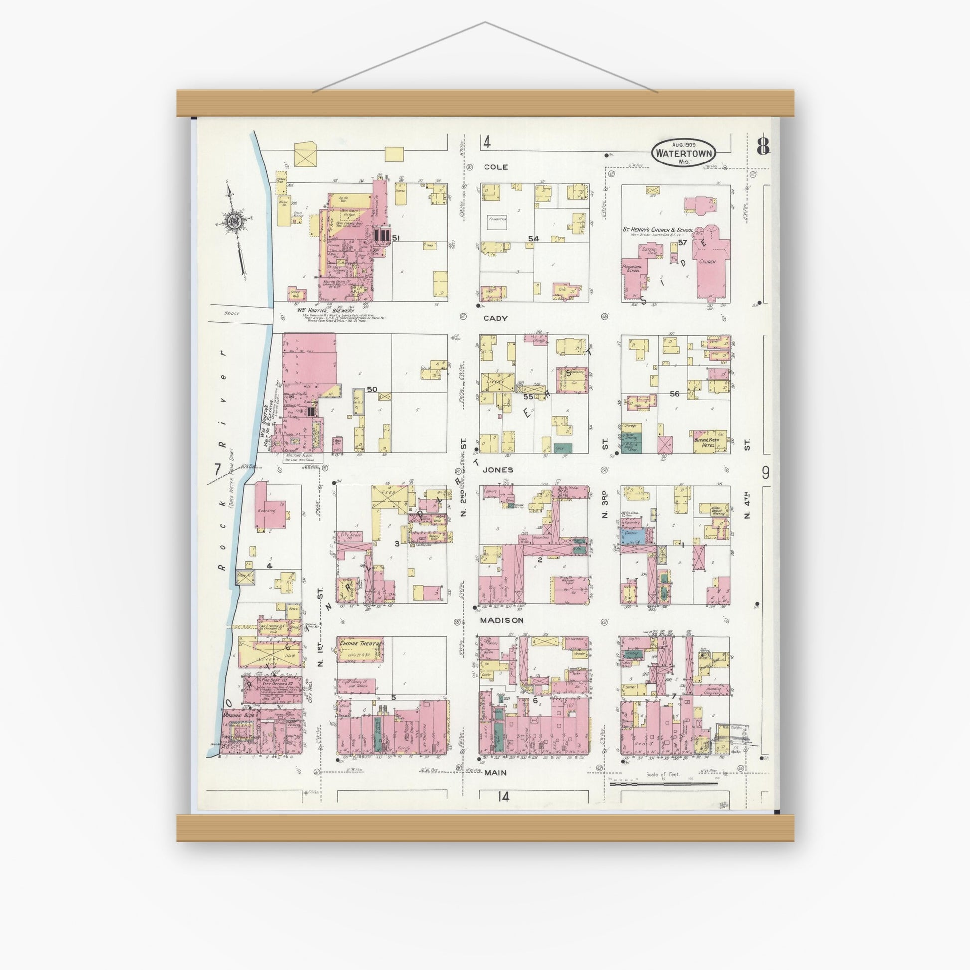 Old map wall art mockup — magnetic wood frame on white wall — Sanborn Fire Insurance Map from Watertown, Jefferson County, Wisconsin (1909), Sheet #0008