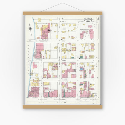 Old map wall art mockup — magnetic wood frame on white wall — Sanborn Fire Insurance Map from Watertown, Jefferson County, Wisconsin (1909), Sheet #0008