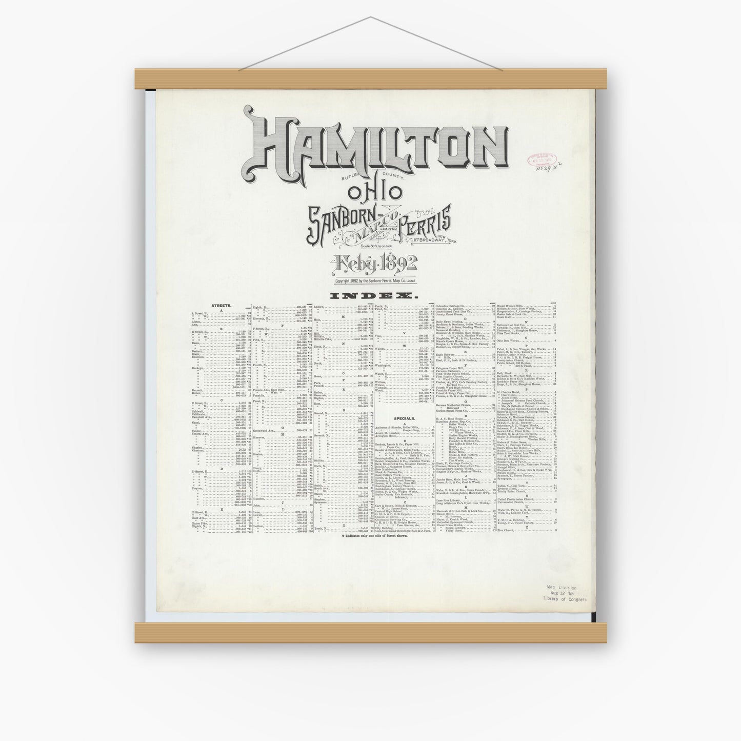 Old map wall art mockup — magnetic wood frame on white wall — Sanborn Fire Insurance Map from Hamilton, Butler County, Ohio (1892), Sheet #0001