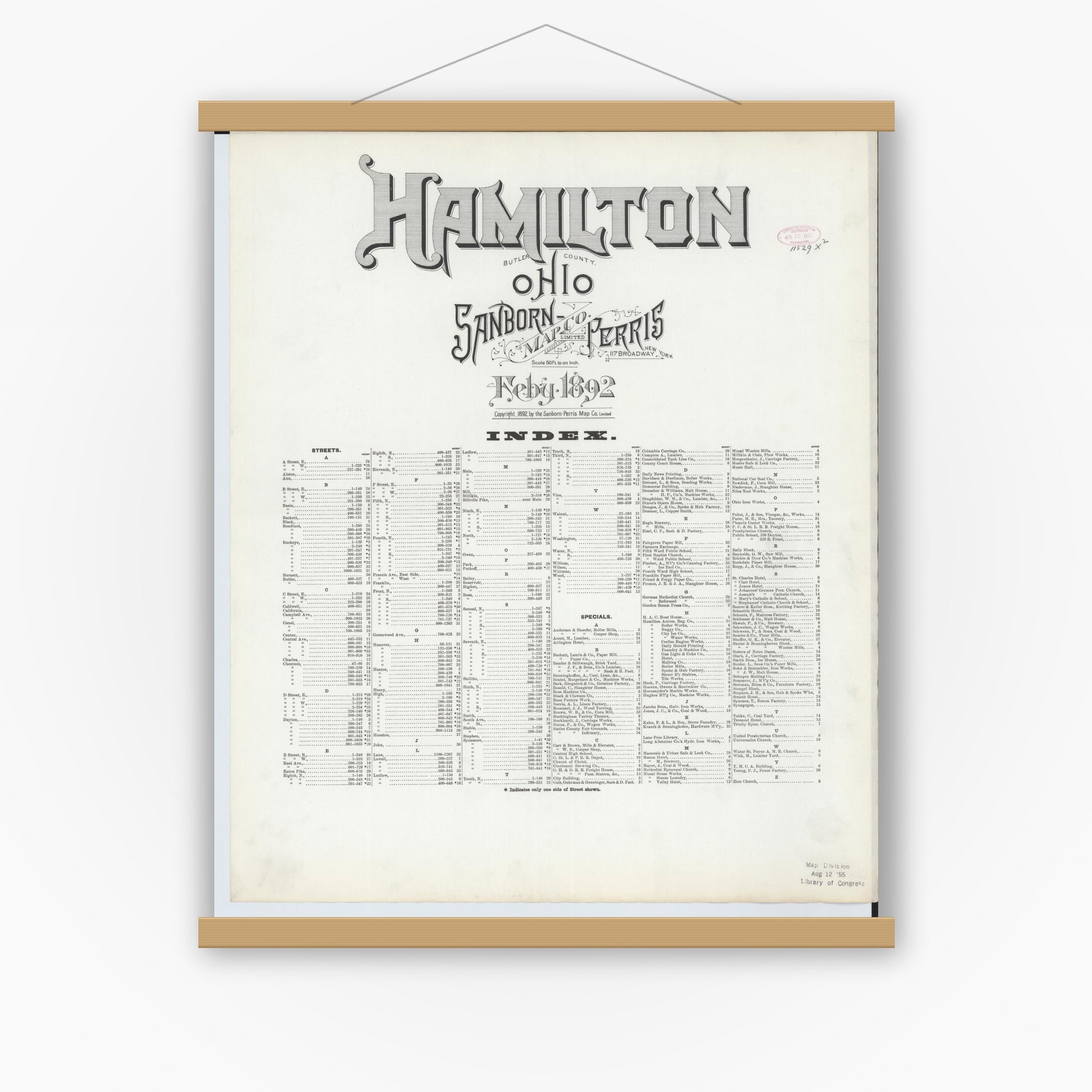 Old map wall art mockup — magnetic wood frame on white wall — Sanborn Fire Insurance Map from Hamilton, Butler County, Ohio (1892), Sheet #0001