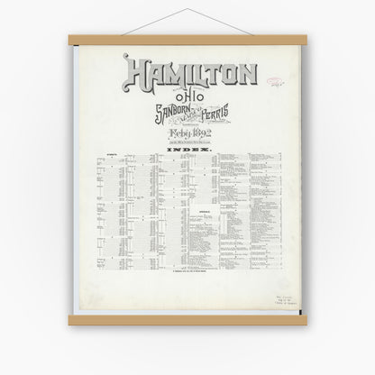 Old map wall art mockup — magnetic wood frame on white wall — Sanborn Fire Insurance Map from Hamilton, Butler County, Ohio (1892), Sheet #0001