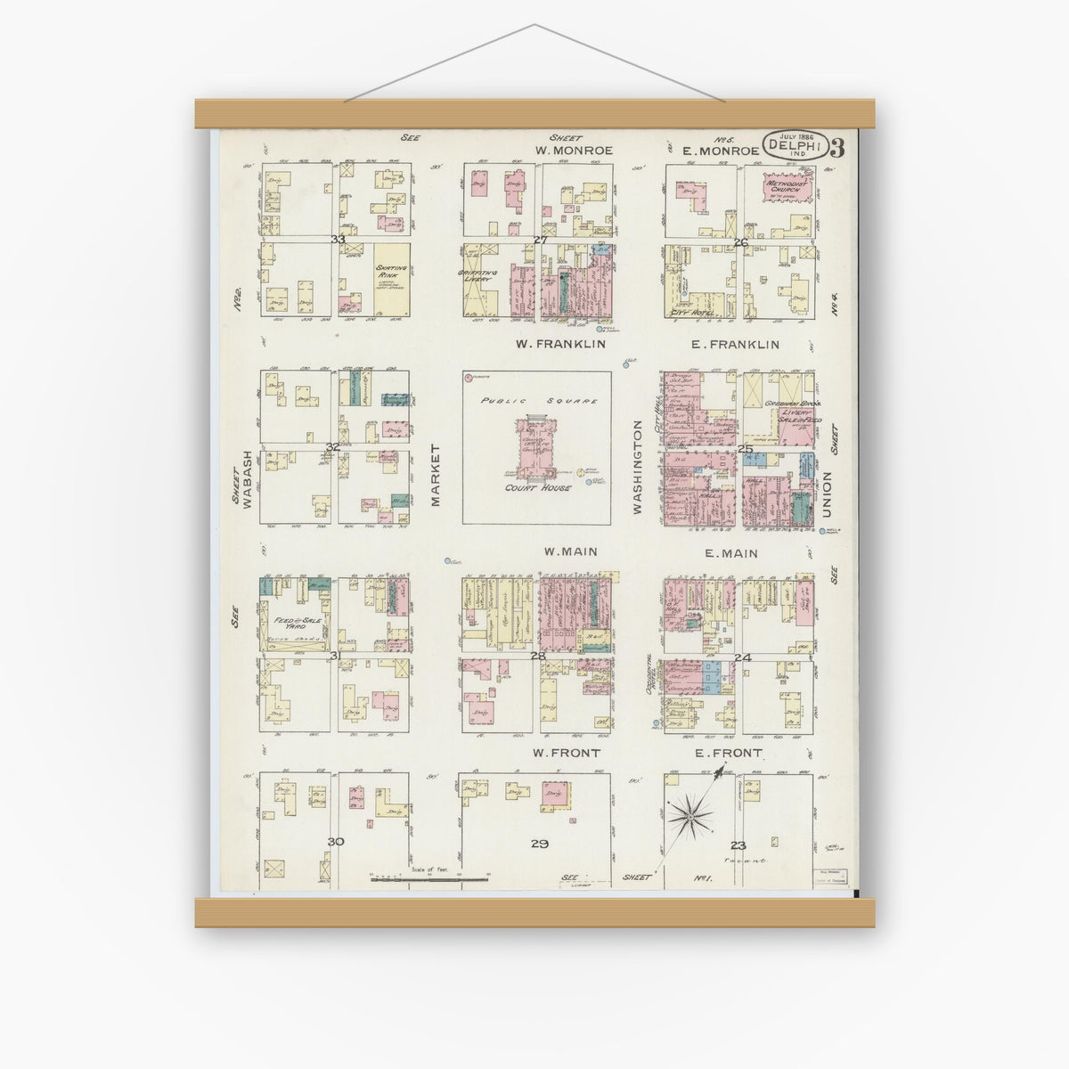 Old map wall art mockup — magnetic wood frame on white wall — Sanborn Fire Insurance Map from Delphi, Carroll County, Indiana (1886), Sheet #0003