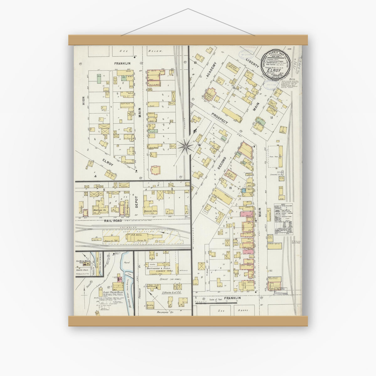 Old map wall art mockup — magnetic wood frame on white wall — Sanborn Fire Insurance Map from Elroy, Juneau County, Wisconsin (1898), Sheet #0001