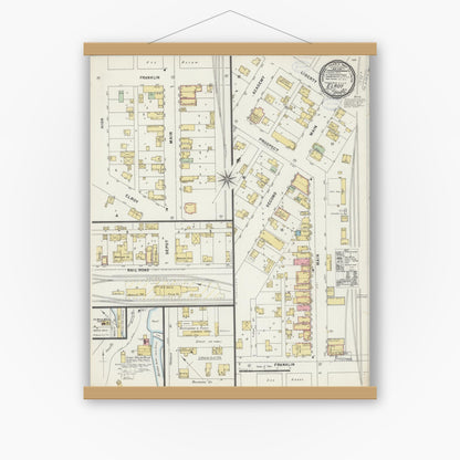 Old map wall art mockup — magnetic wood frame on white wall — Sanborn Fire Insurance Map from Elroy, Juneau County, Wisconsin (1898), Sheet #0001