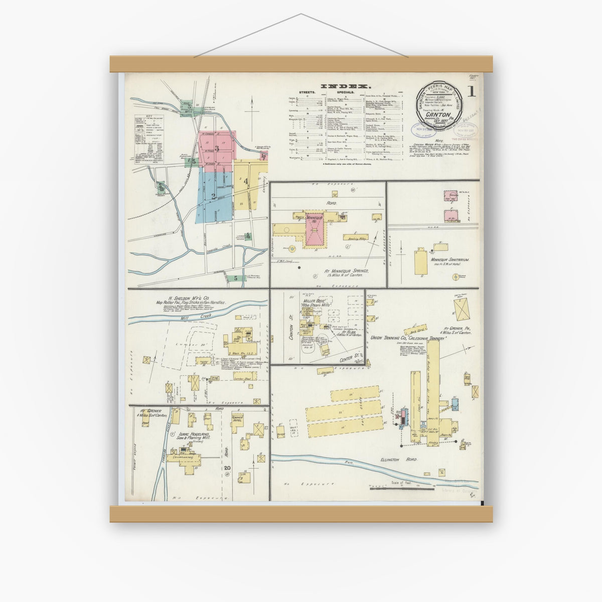 Old map wall art mockup — magnetic wood frame on white wall — Sanborn Fire Insurance Map from Canton, Bradford County, Pennsylvania (1897) - Complete Map Set