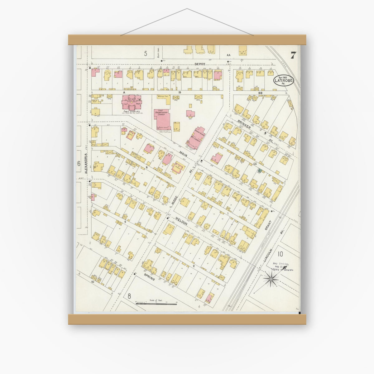 Old map wall art mockup — magnetic wood frame on white wall — Sanborn Fire Insurance Map from Latrobe, Westmoreland County, Pennsylvania (1903), Sheet #0007