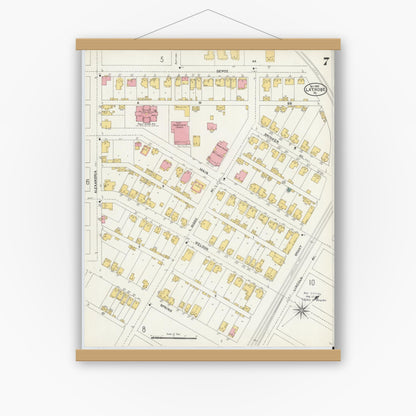Old map wall art mockup — magnetic wood frame on white wall — Sanborn Fire Insurance Map from Latrobe, Westmoreland County, Pennsylvania (1903), Sheet #0007