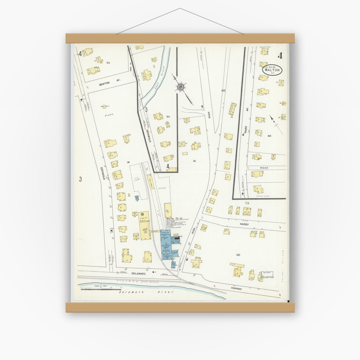 Old map wall art mockup — magnetic wood frame on white wall — Sanborn Fire Insurance Map from Walton, Delaware County, New York (1911), Sheet #0004