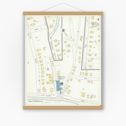 Old map wall art mockup — magnetic wood frame on white wall — Sanborn Fire Insurance Map from Walton, Delaware County, New York (1911), Sheet #0004