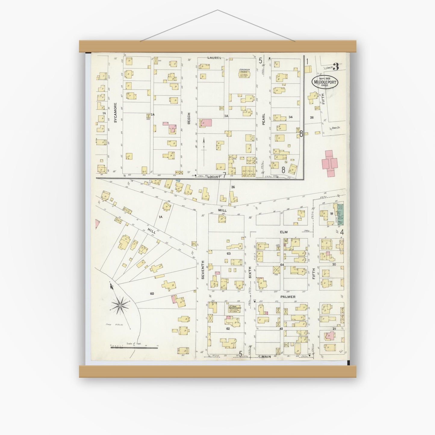 Old map wall art mockup — magnetic wood frame on white wall — Sanborn Fire Insurance Map from Middleport, Meigs County, Ohio (1908), Sheet #0003