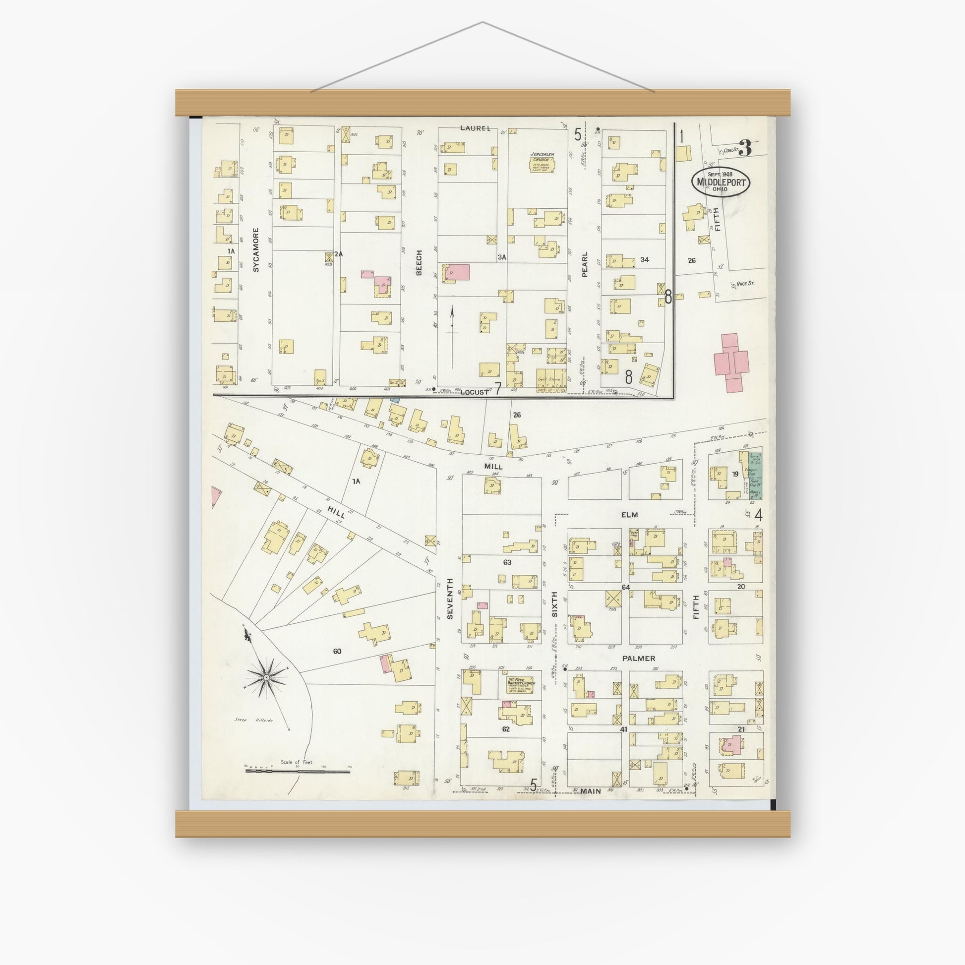 Old map wall art mockup — magnetic wood frame on white wall — Sanborn Fire Insurance Map from Middleport, Meigs County, Ohio (1908), Sheet #0003
