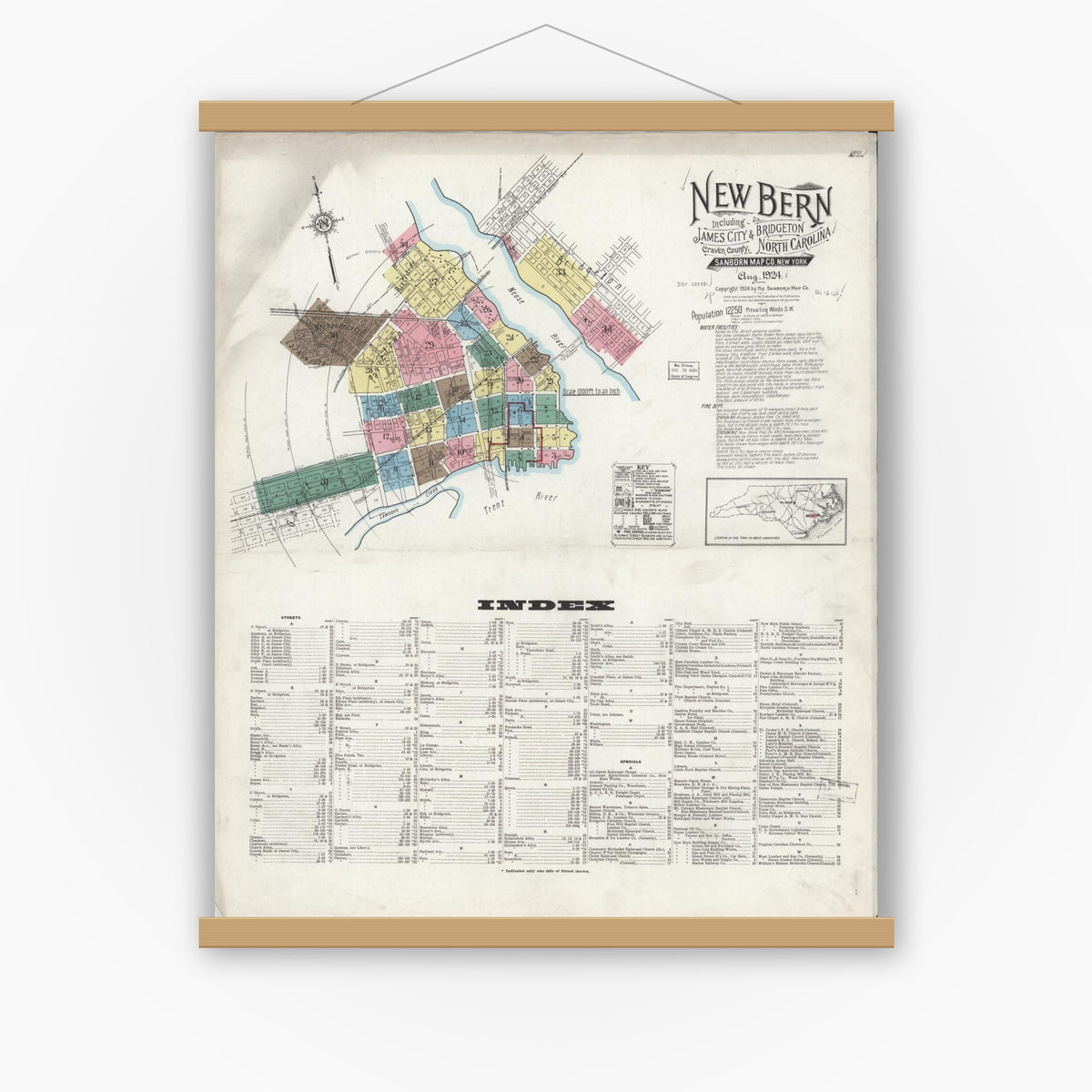 Old map wall art mockup — magnetic wood frame on white wall — Sanborn Fire Insurance Map from New Bern, Craven County, North Carolina (1924), Sheet #0001