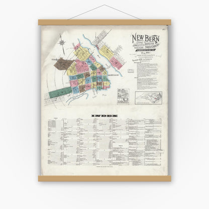 Old map wall art mockup — magnetic wood frame on white wall — Sanborn Fire Insurance Map from New Bern, Craven County, North Carolina (1924), Sheet #0001