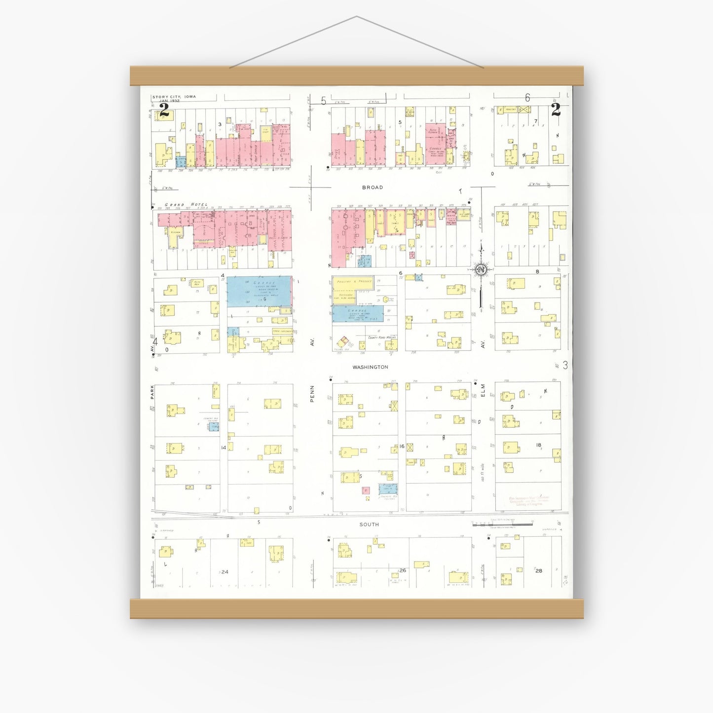 Old map wall art mockup — magnetic wood frame on white wall — Sanborn Fire Insurance Map from Story City, Story County, Iowa (1932), Sheet #0002
