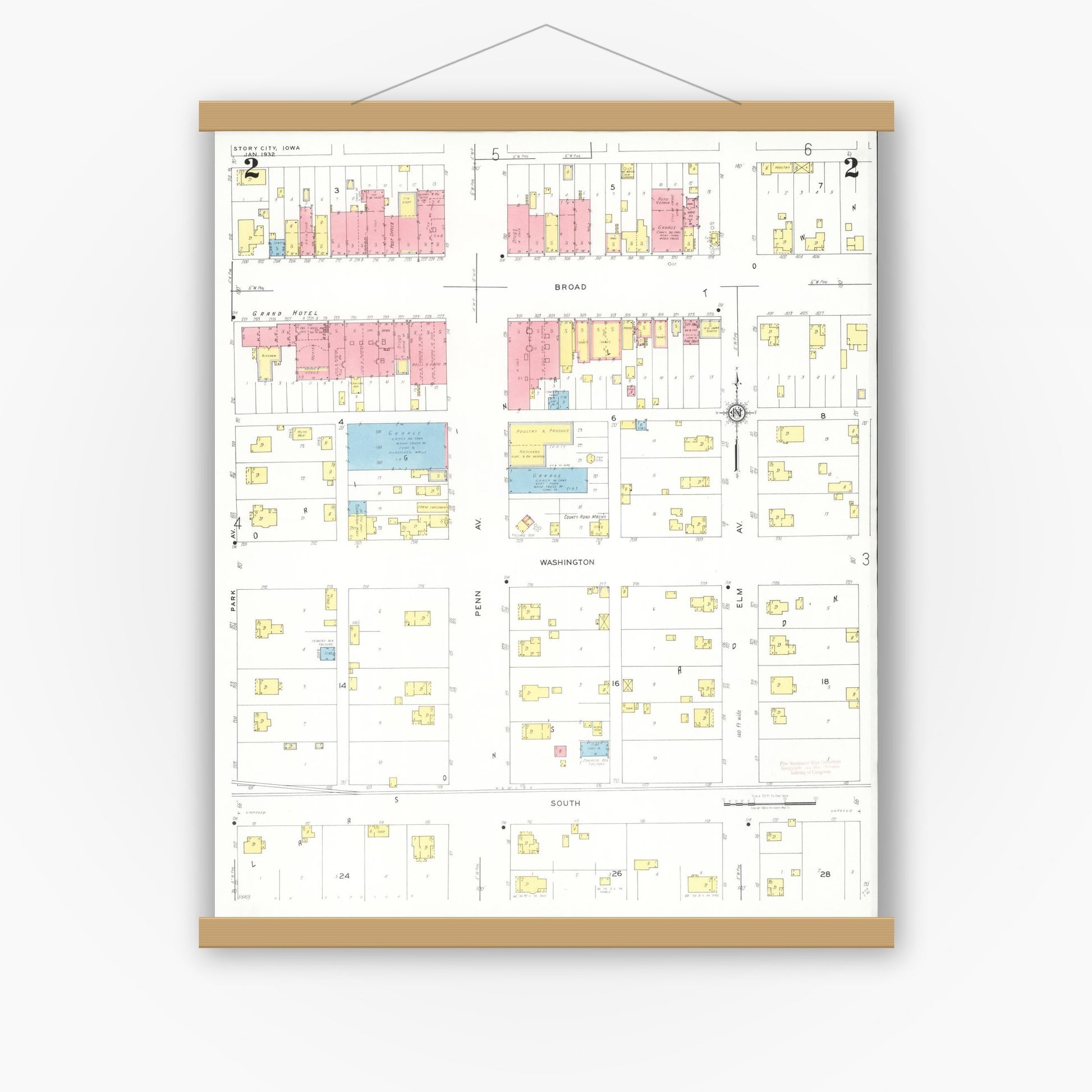 Old map wall art mockup — magnetic wood frame on white wall — Sanborn Fire Insurance Map from Story City, Story County, Iowa (1932), Sheet #0002