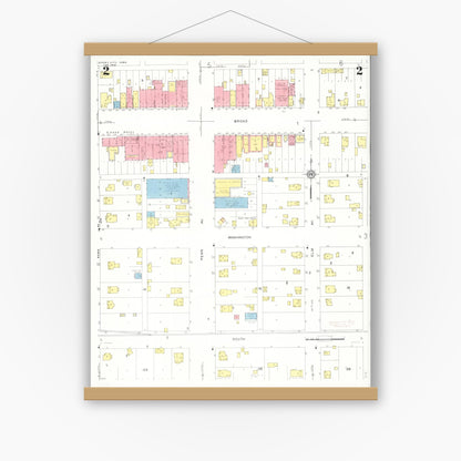 Old map wall art mockup — magnetic wood frame on white wall — Sanborn Fire Insurance Map from Story City, Story County, Iowa (1932), Sheet #0002