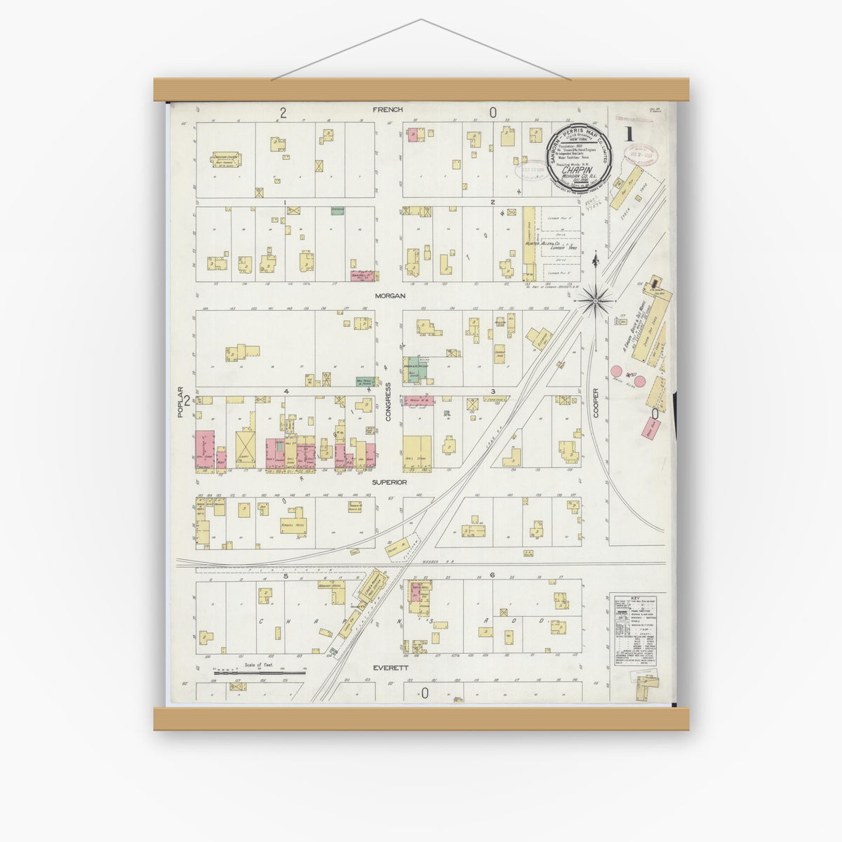 Old map wall art mockup — magnetic wood frame on white wall — Sanborn Fire Insurance Map from Chapin, Morgan County, Illinois (1898) - Complete Map Set