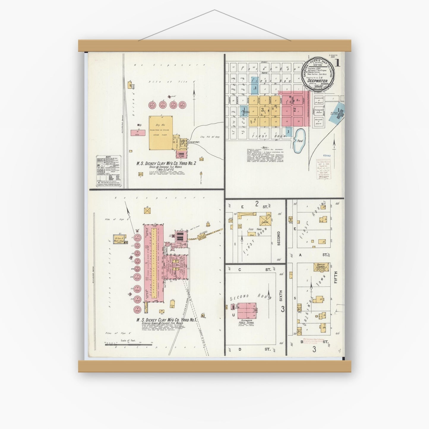 Old map wall art mockup — magnetic wood frame on white wall — Sanborn Fire Insurance Map from Deepwater, Henry County, Missouri (1900) - Complete Map Set