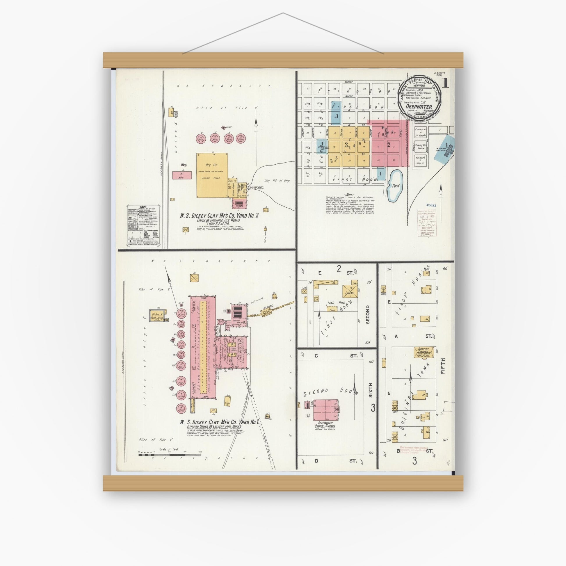 Old map wall art mockup — magnetic wood frame on white wall — Sanborn Fire Insurance Map from Deepwater, Henry County, Missouri (1900) - Complete Map Set