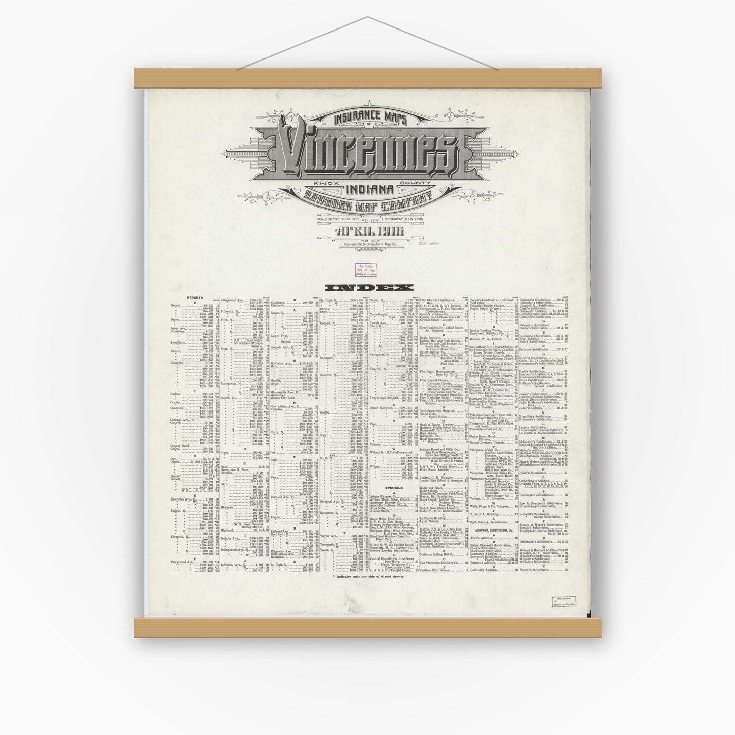 Old map wall art mockup — magnetic wood frame on white wall — Sanborn Fire Insurance Map from Vincennes, Knox County, Indiana (1916), Sheet #0001