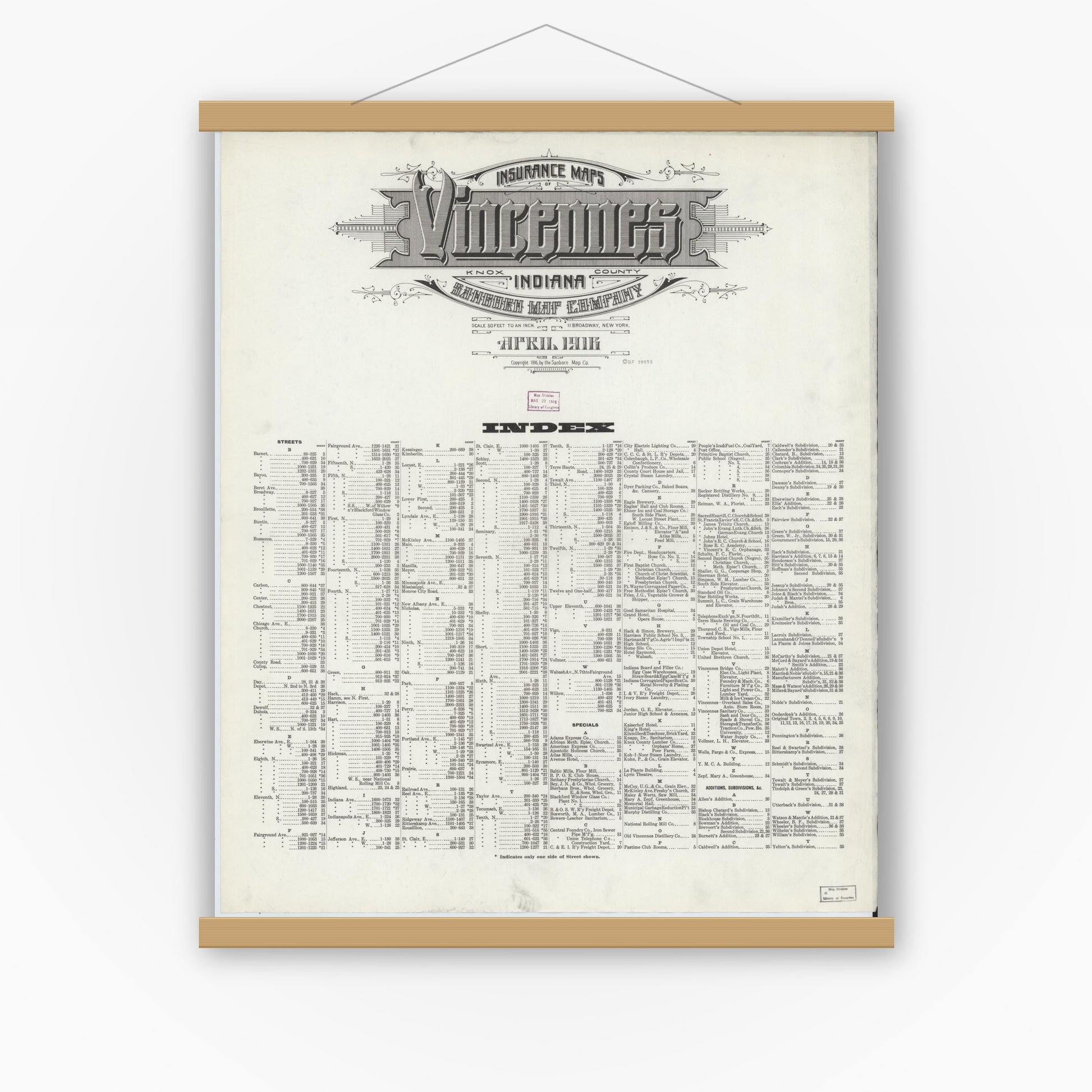 Old map wall art mockup — magnetic wood frame on white wall — Sanborn Fire Insurance Map from Vincennes, Knox County, Indiana (1916), Sheet #0001
