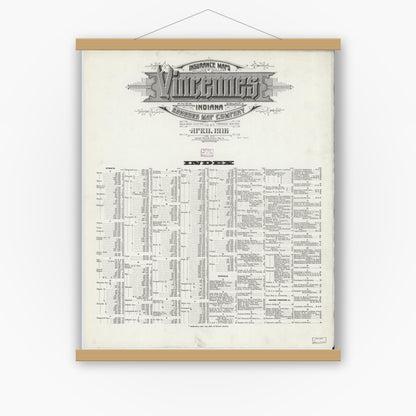 Old map wall art mockup — magnetic wood frame on white wall — Sanborn Fire Insurance Map from Vincennes, Knox County, Indiana (1916), Sheet #0001