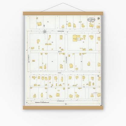 Old map wall art mockup — magnetic wood frame on white wall — Sanborn Fire Insurance Map from Hillsboro, Hill County, Texas (1900), Sheet #0009