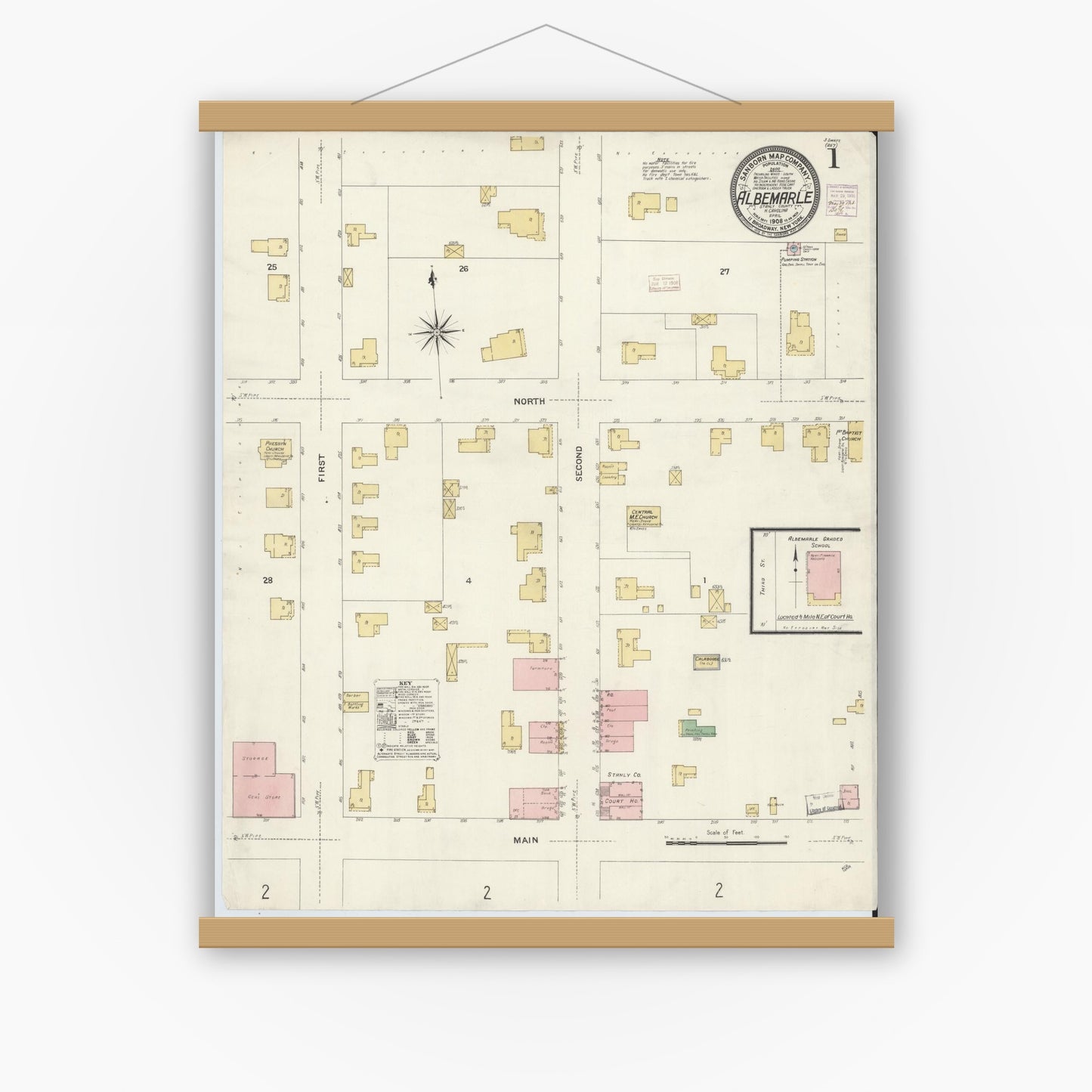 Old map wall art mockup — magnetic wood frame on white wall — Sanborn Fire Insurance Map from Albemarle, Stanley County, North Carolina (1908), Sheet #0001