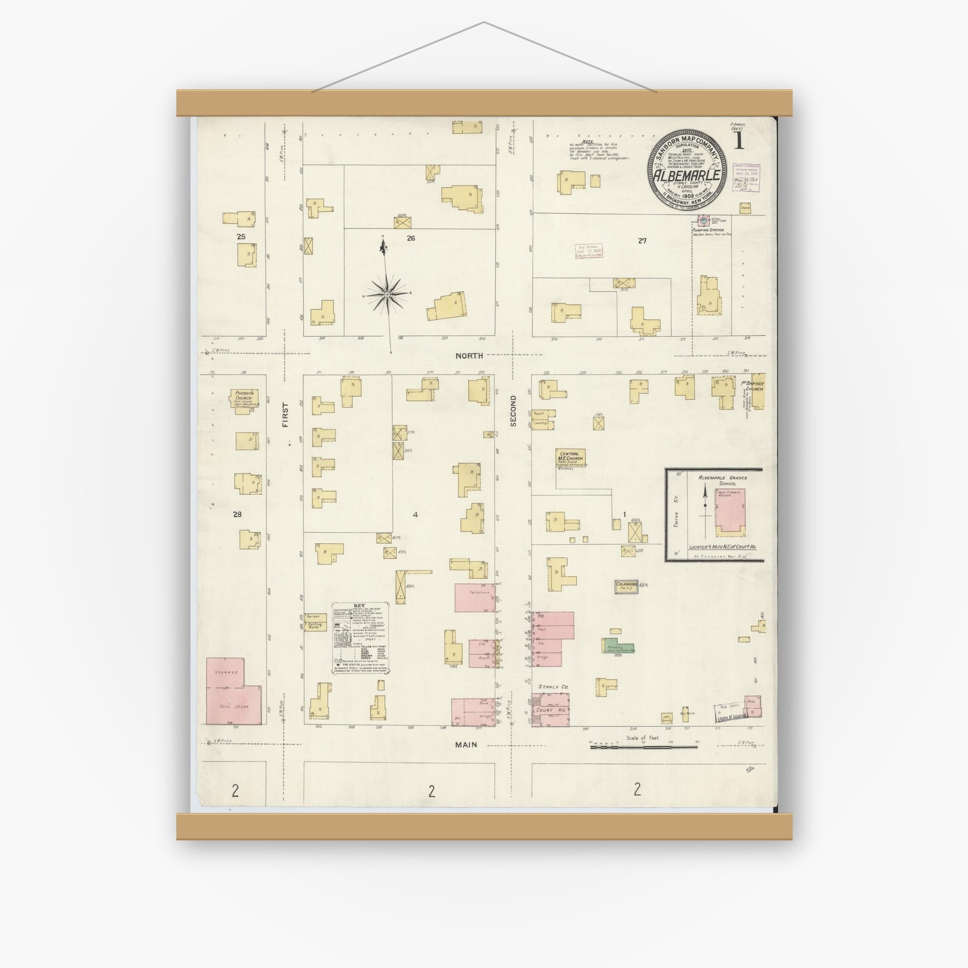 Old map wall art mockup — magnetic wood frame on white wall — Sanborn Fire Insurance Map from Albemarle, Stanley County, North Carolina (1908), Sheet #0001