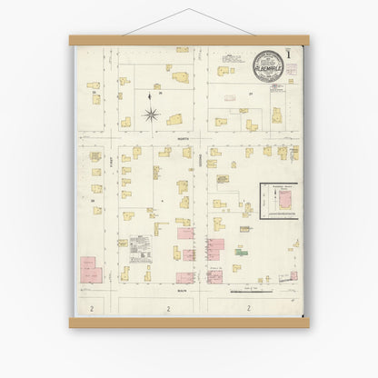 Old map wall art mockup — magnetic wood frame on white wall — Sanborn Fire Insurance Map from Albemarle, Stanley County, North Carolina (1908), Sheet #0001