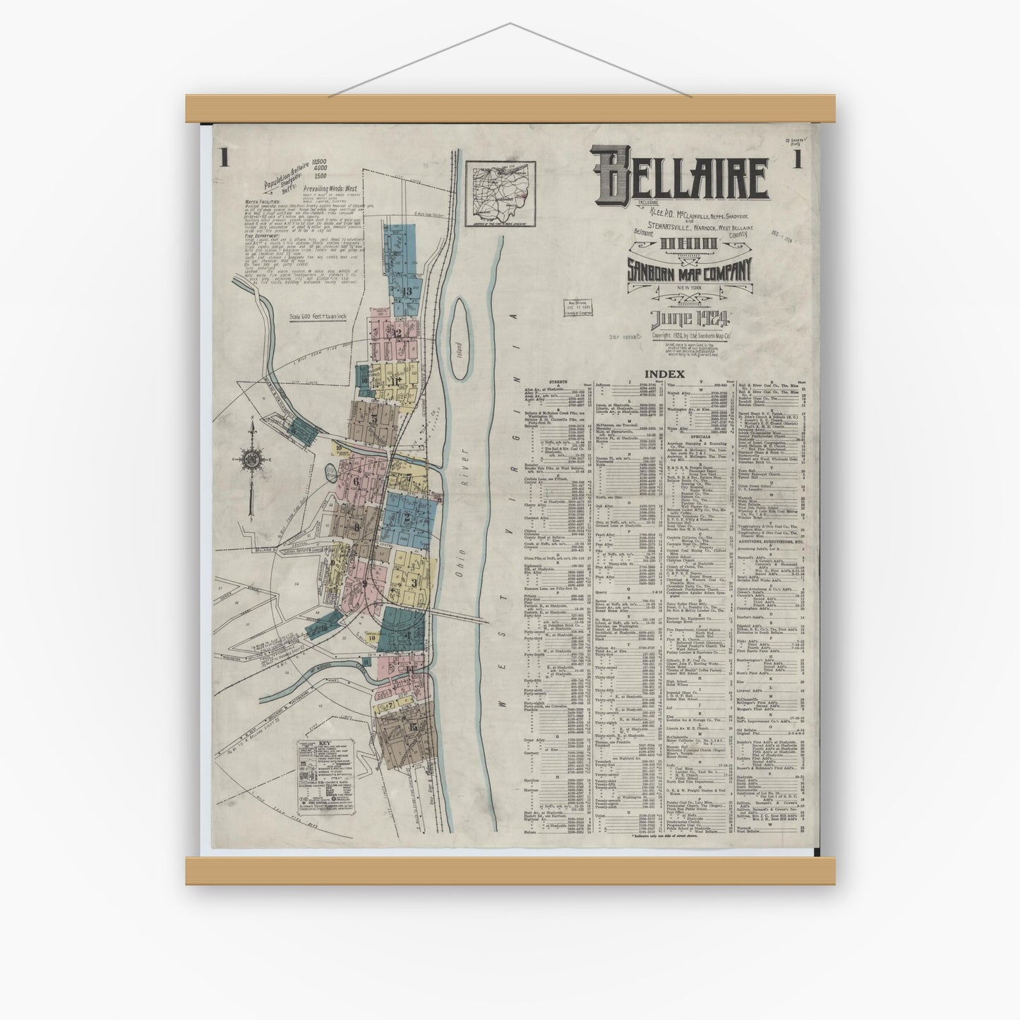 Old map wall art mockup — magnetic wood frame on white wall — Sanborn Fire Insurance Map from Bellaire, Belmont County, Ohio (1924) - Complete Map Set