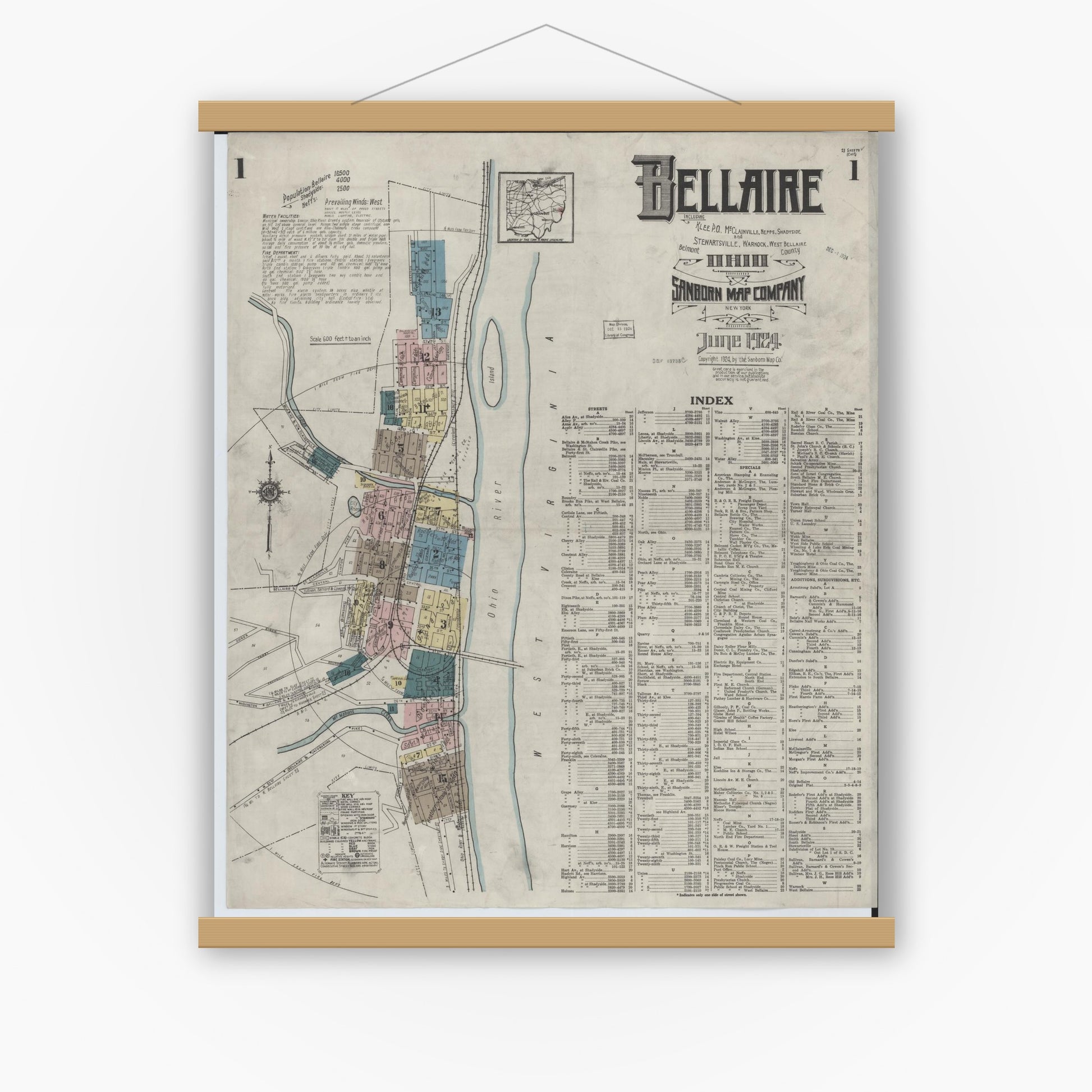 Old map wall art mockup — magnetic wood frame on white wall — Sanborn Fire Insurance Map from Bellaire, Belmont County, Ohio (1924) - Complete Map Set