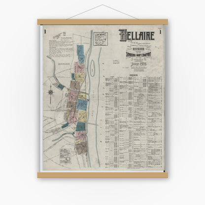 Old map wall art mockup — magnetic wood frame on white wall — Sanborn Fire Insurance Map from Bellaire, Belmont County, Ohio (1924) - Complete Map Set