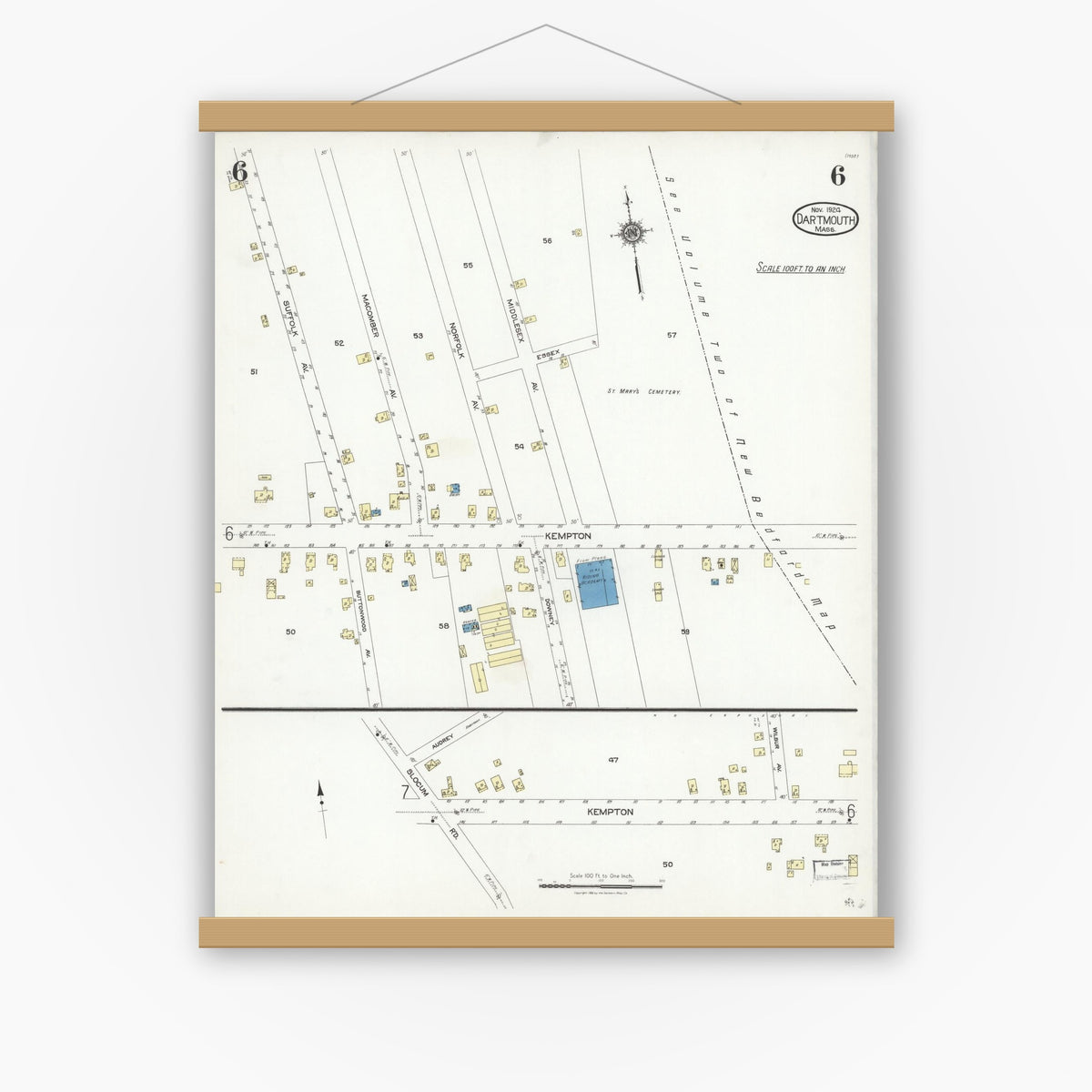 Old map wall art mockup — magnetic wood frame on white wall — Sanborn Fire Insurance Map from Dartmouth, Bristol County, Massachusetts (1924), Sheet #0006