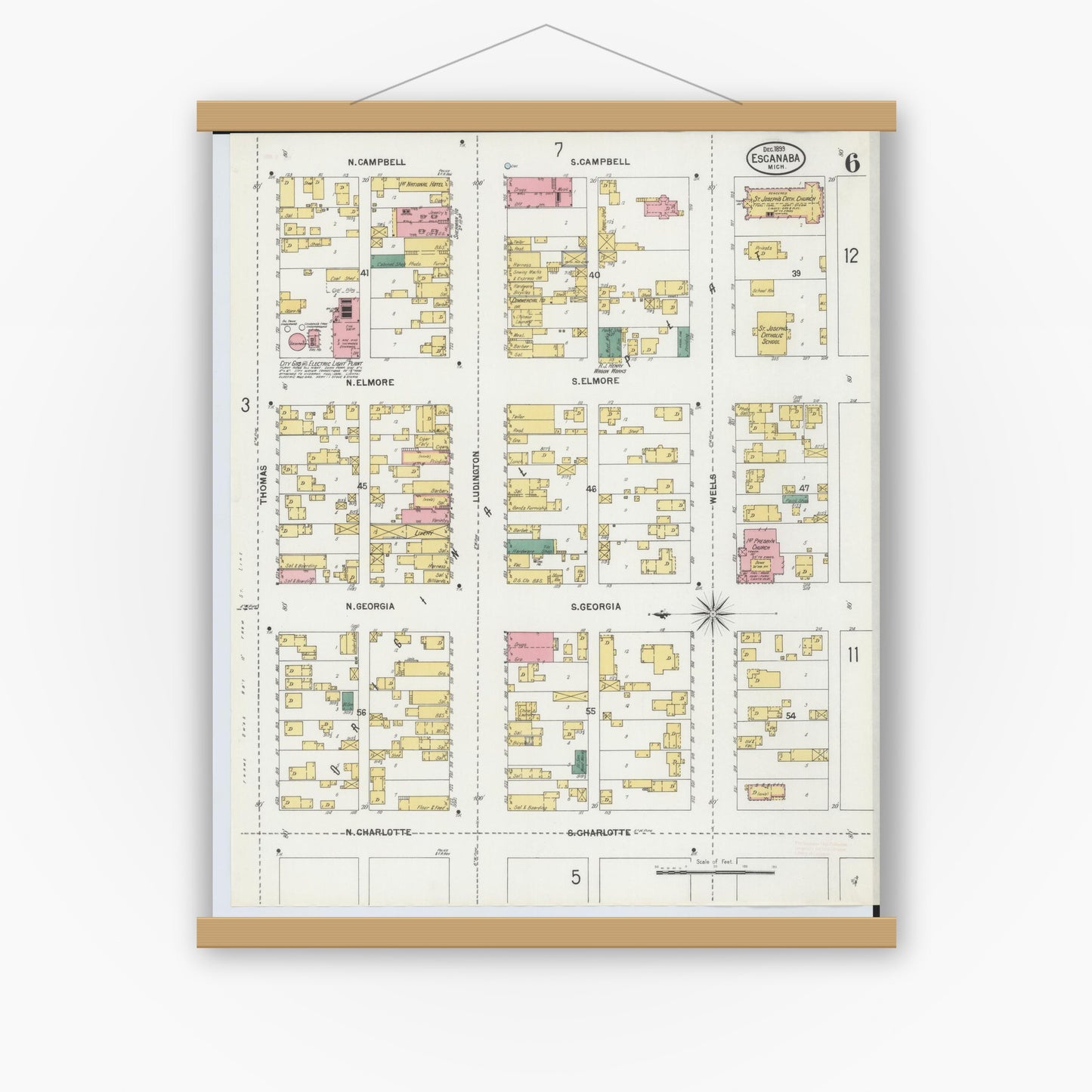 Old map wall art mockup — magnetic wood frame on white wall — Sanborn Fire Insurance Map from Escanaba, Delta County, Michigan (1899), Sheet #0006
