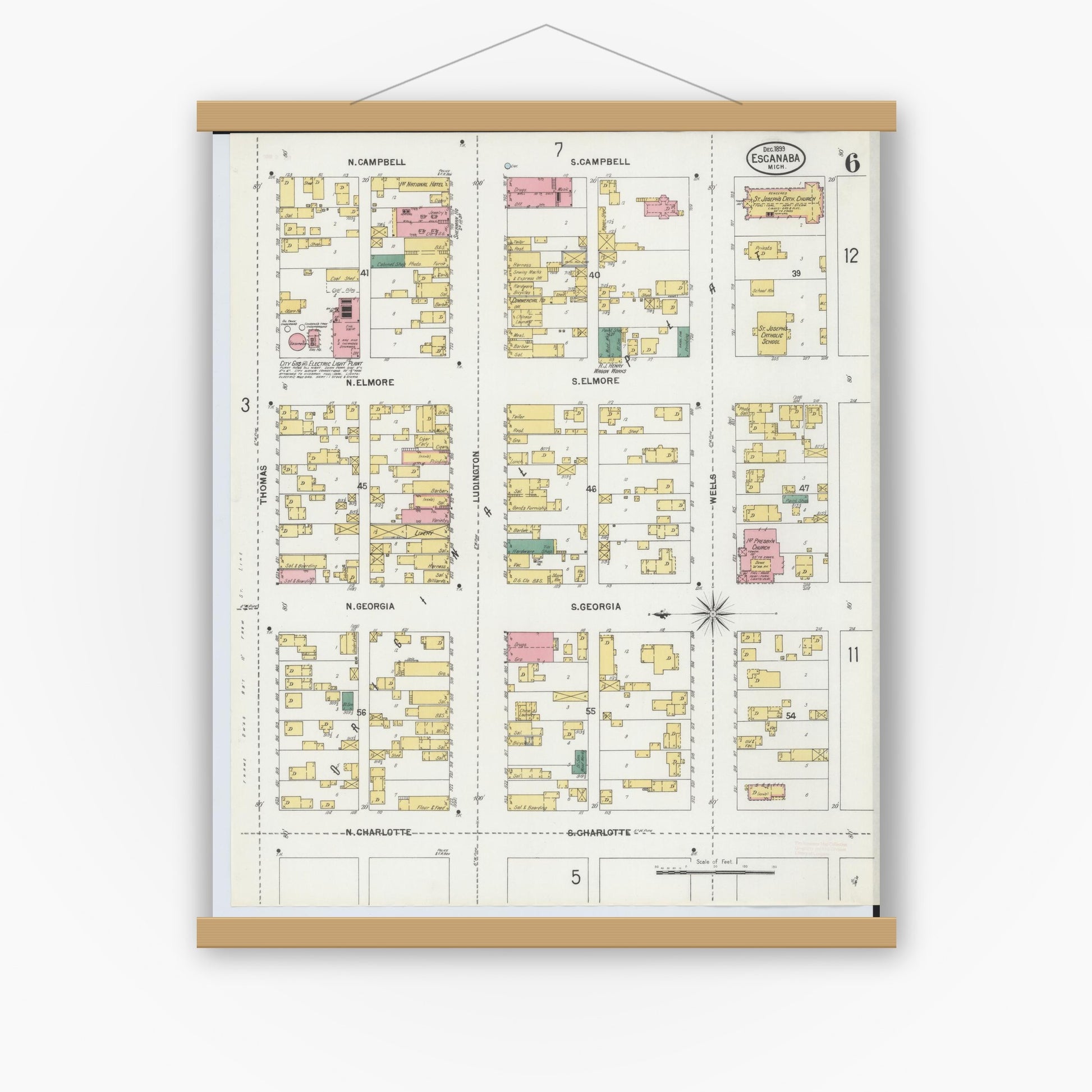 Old map wall art mockup — magnetic wood frame on white wall — Sanborn Fire Insurance Map from Escanaba, Delta County, Michigan (1899), Sheet #0006