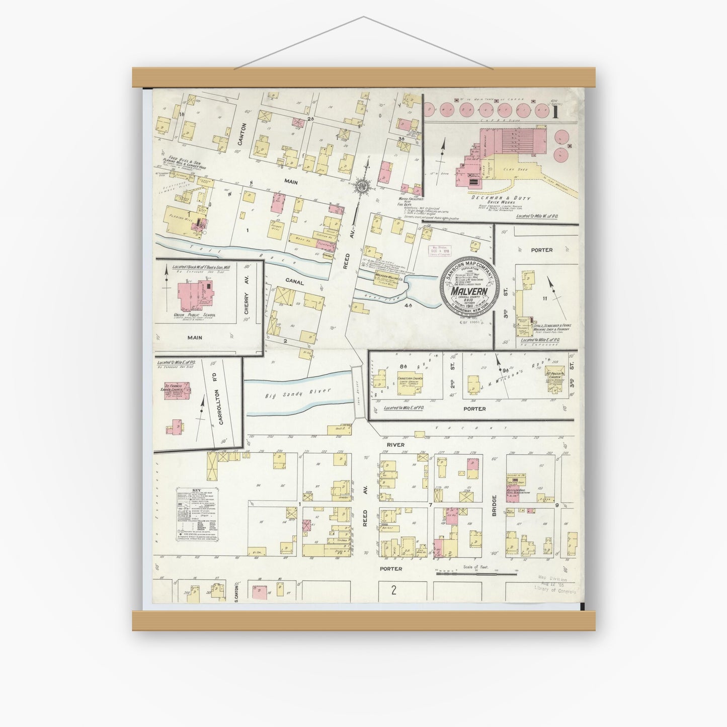 Old map wall art mockup — magnetic wood frame on white wall — Sanborn Fire Insurance Map from Malvern, Carroll County, Ohio (1911) - Complete Map Set