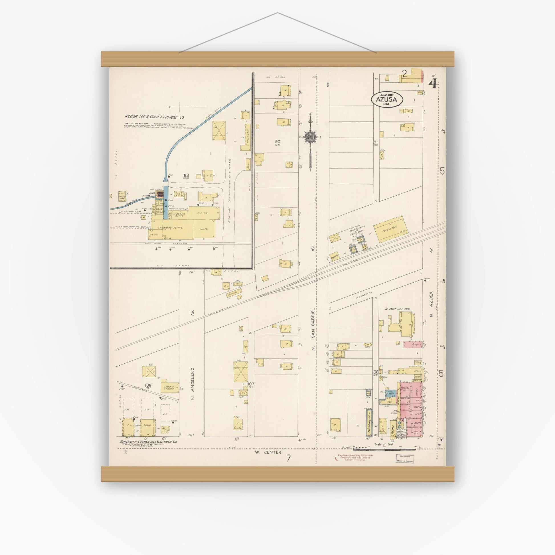 Old map wall art mockup — magnetic wood frame on white wall — Sanborn Fire Insurance Map from Azusa, Los Angeles County, California (1912), Sheet #0004