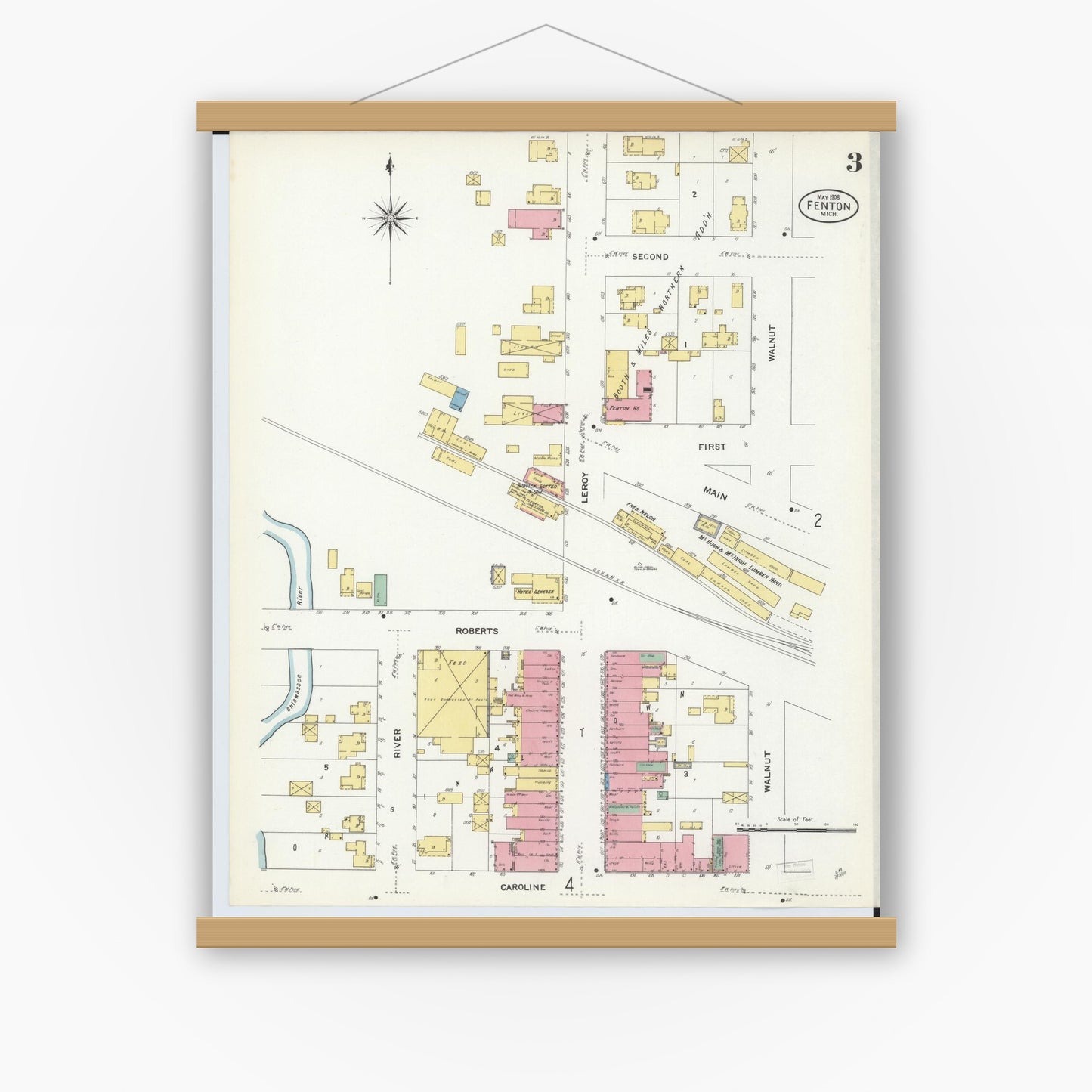 Old map wall art mockup — magnetic wood frame on white wall — Sanborn Fire Insurance Map from Fenton, Genesee County, Michigan (1908), Sheet #0003