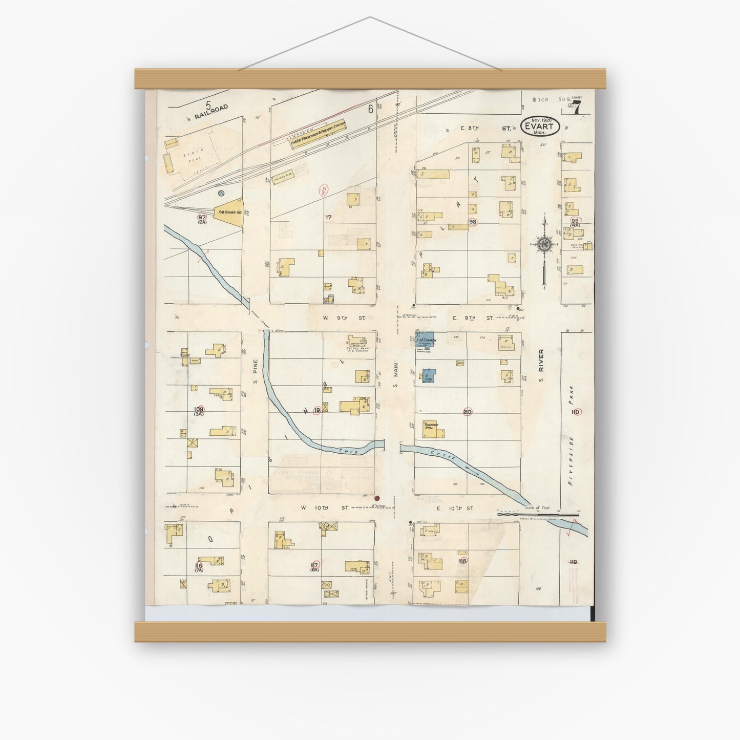 Old map wall art mockup — magnetic wood frame on white wall — Sanborn Fire Insurance Map from Evart, Osceola County, Michigan (1942), Sheet #0007