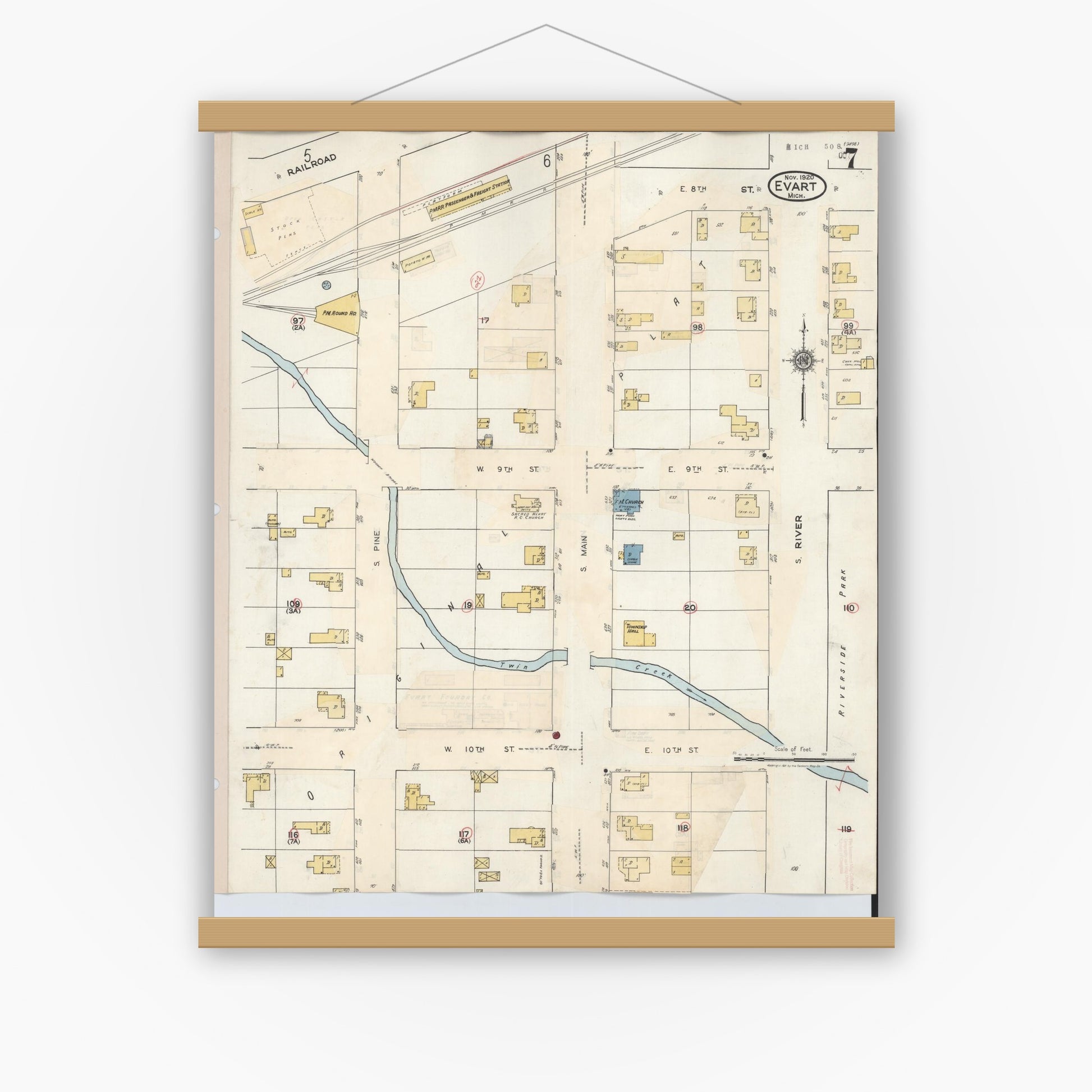 Old map wall art mockup — magnetic wood frame on white wall — Sanborn Fire Insurance Map from Evart, Osceola County, Michigan (1942), Sheet #0007