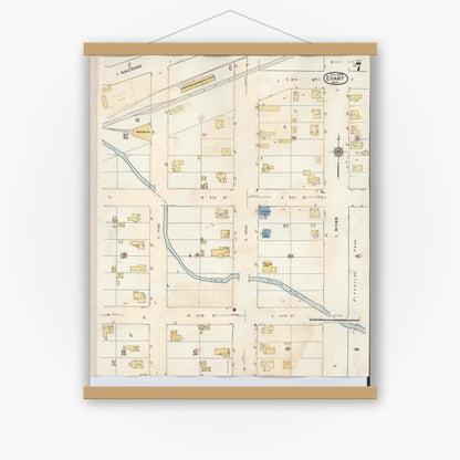 Old map wall art mockup — magnetic wood frame on white wall — Sanborn Fire Insurance Map from Evart, Osceola County, Michigan (1942), Sheet #0007