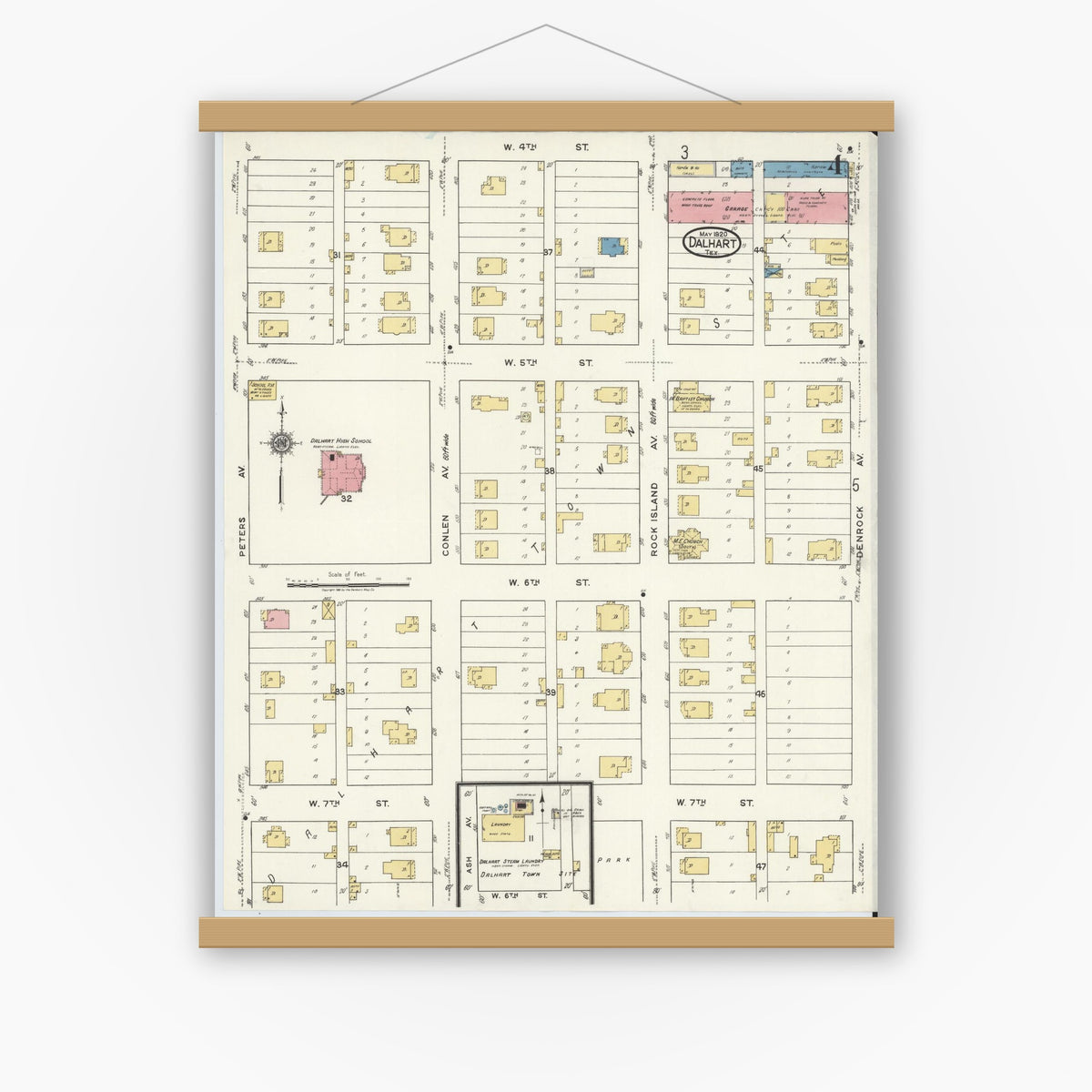 Old map wall art mockup — magnetic wood frame on white wall — Sanborn Fire Insurance Map from Dalhart, Dallam And Hartley County, Texas (1920), Sheet #0004