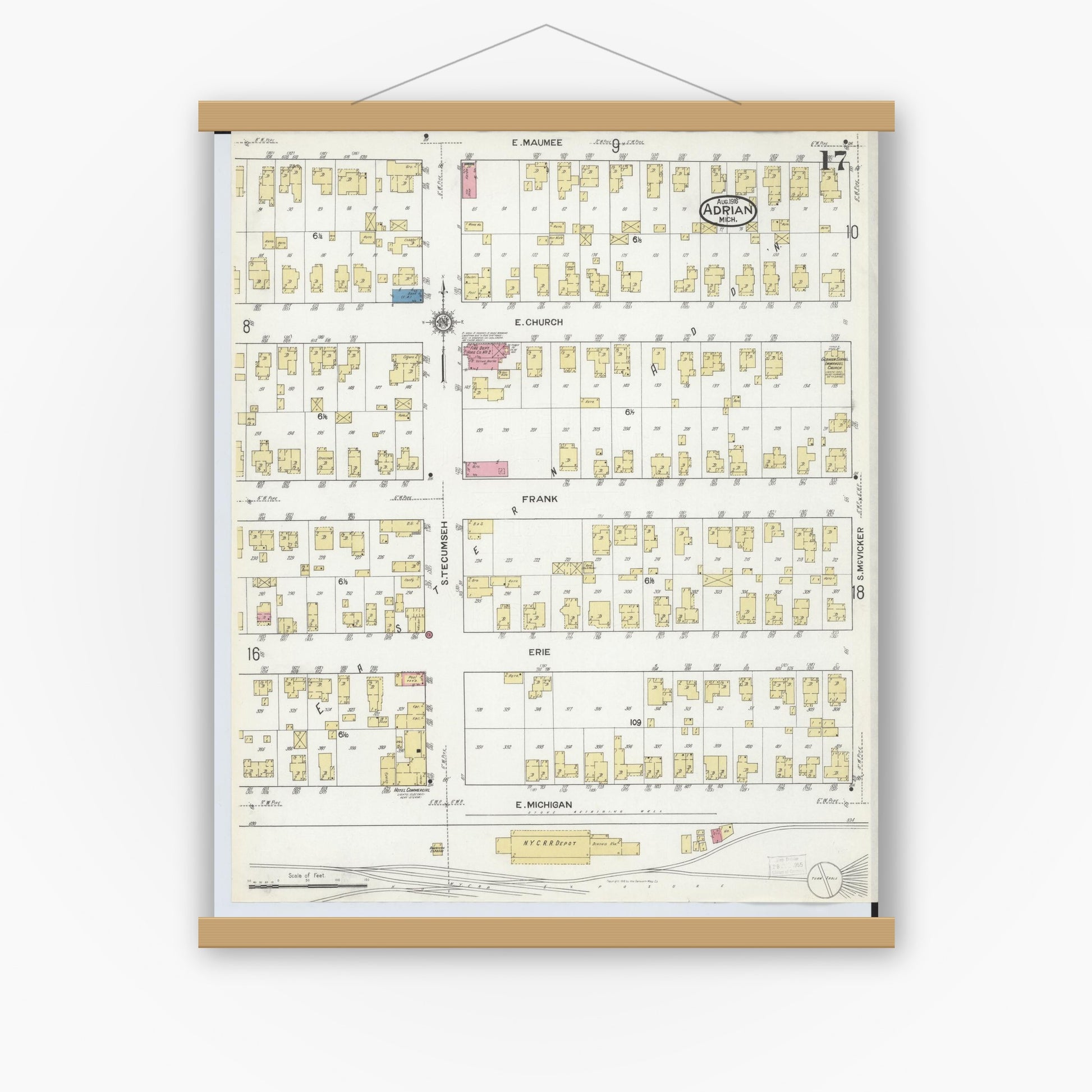 Old map wall art mockup — magnetic wood frame on white wall — Sanborn Fire Insurance Map from Adrian, Lenawee County, Michigan (1916), Sheet #0017